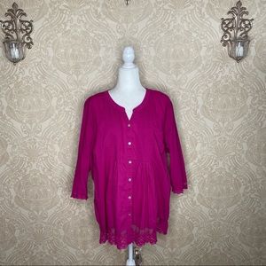 Catherine's Magenta Button Down Lace Trim Blouse